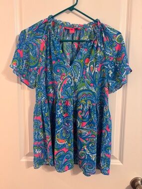 Lilly Pulitzer Zadie Top Women's XS Seabreeze Blue Hey Gull Friend